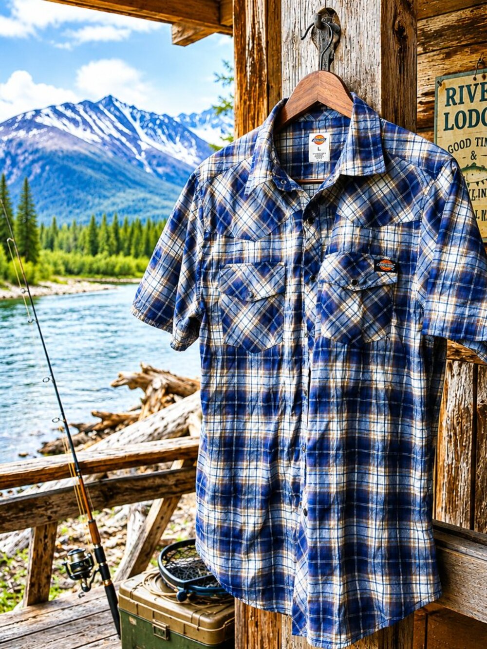 Dickies Plaid Western Snap Button Shirt Blue Tan Short Sleeve Large